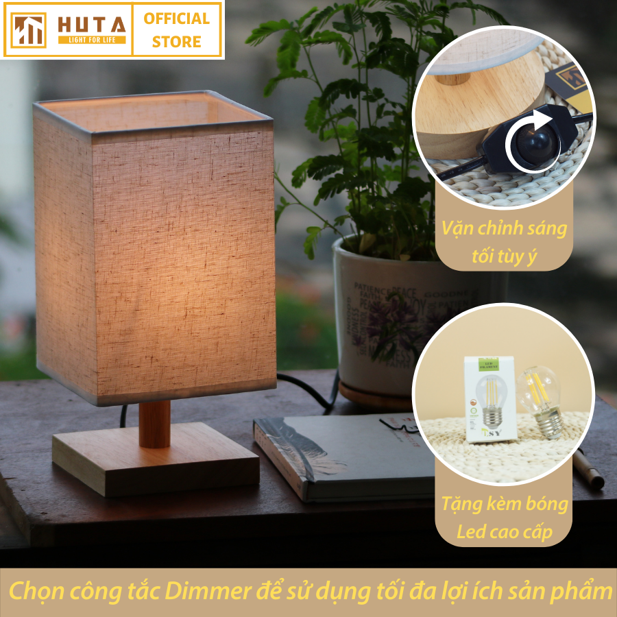 Đèn Ngủ HUTA Light For Life G3 Chao Vuông Độc Đáo Vingtage, Decor Trang Trí Phòng Ngủ, Điều Chỉnh Độ Sáng, Bóng Led Sáng Vàng Tiết Kiệm Điện