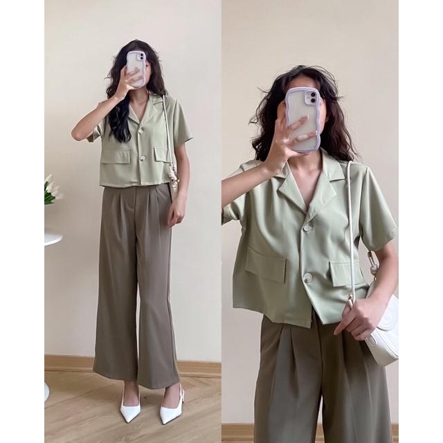 Áo sơ mi lửng dáng ngắn 2 nắp túi giả 2 khuy tay cộc 74a25 by germe