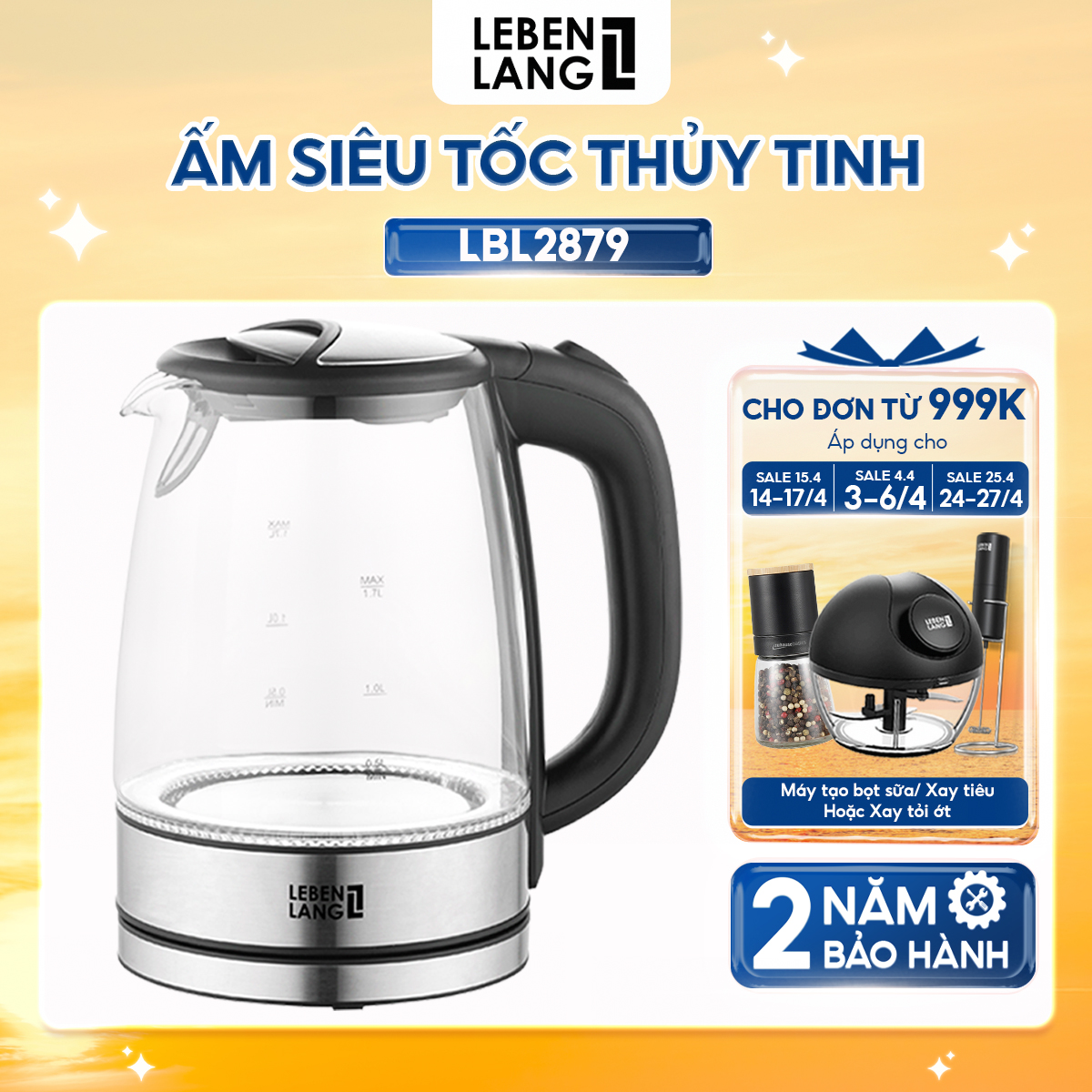 Ấm siêu tốc LEBENLANG LBL2879 bằng thủy tinh chịu nhiệt, dung tích 1700ml, công suất 2200W, bảo hành 2 năm - hàng chính hãng