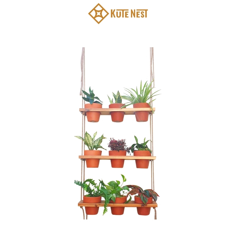 [Kute Nest] Kệ gỗ treo 3 tầng 9 chậu gốm