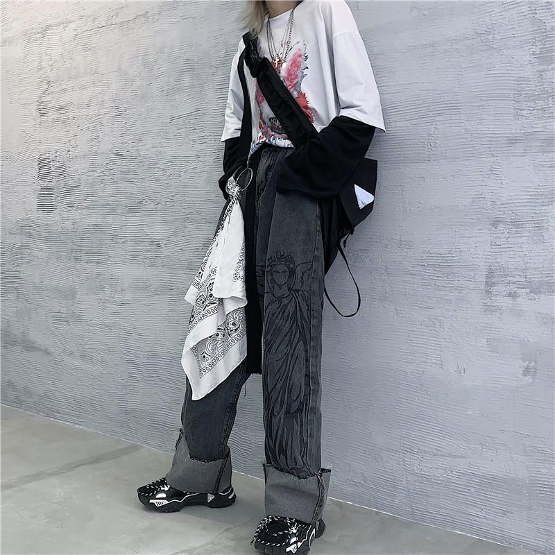 Quần jean ulzzang unisex xám họa tiết