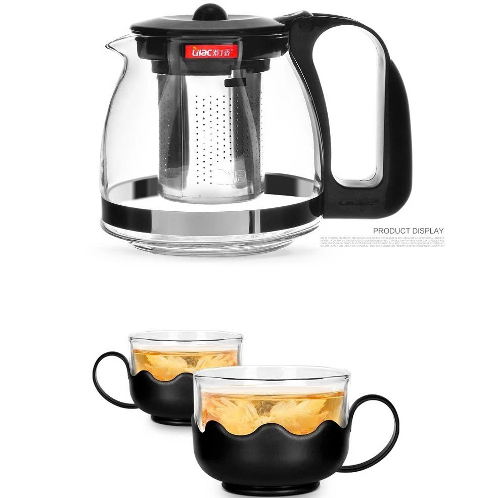 Bộ Bình Trà Thủy Tinh kèm Tách Lưới Lọc Inox 304 Không Gỉ- Tiện Lợi - Chính Hãng