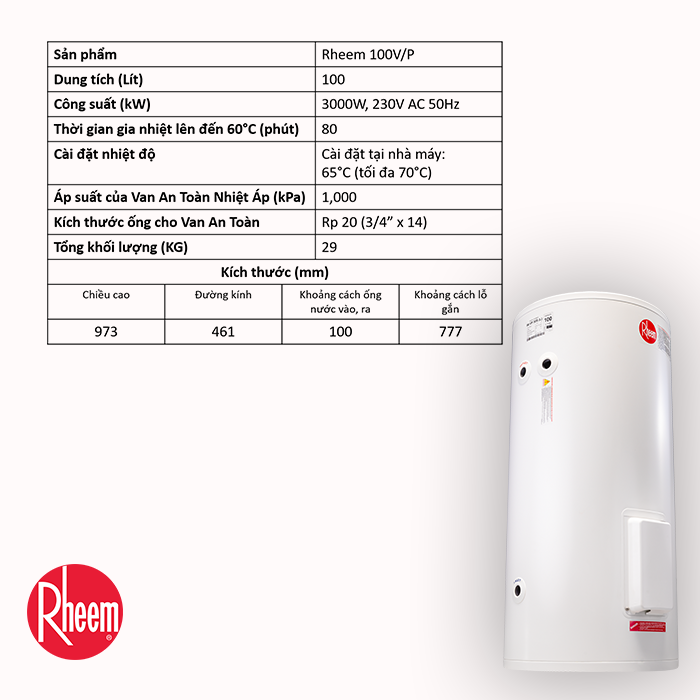 Bình Nước Nóng Gián Tiếp Rheem 100V/P - Hàng chính hãng