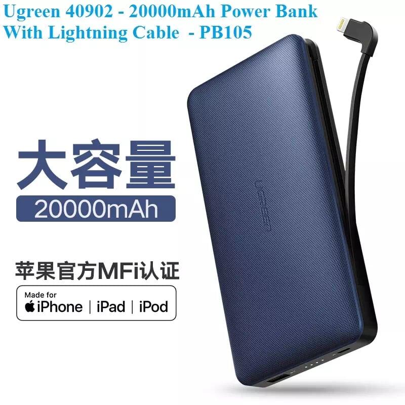 Ugreen UG40902PB105TK 20000Mah màu Đỏ Sạc dự phòng + cáp sạc iPhone tích hợp kèm chip MFI - HÀNG CHÍNH HÃNG