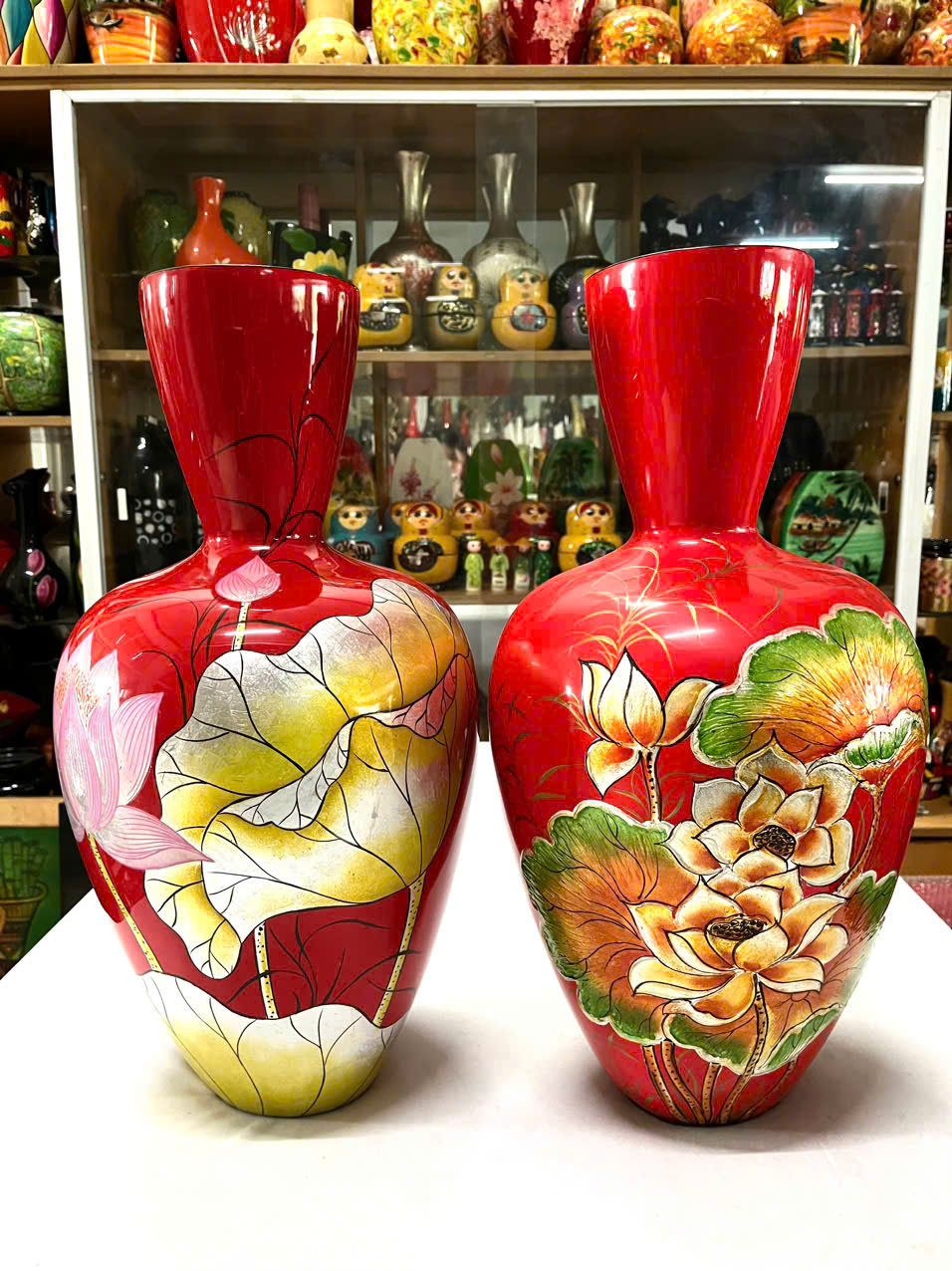 Bình hoa sơn mài 02 họa tiết phong cảnh quê hương việt nam size 55x28 cm