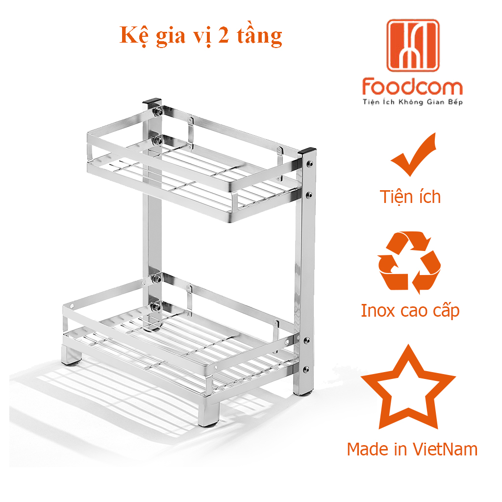 Kệ để gia vị 2-3 tầng cao cấp Foodcom chất liệu inox cao cấp không han gỉ, kệ đựng chai lọ đa năng, kệ để đồ nhà bếp gọn gàng sang trọng hơn