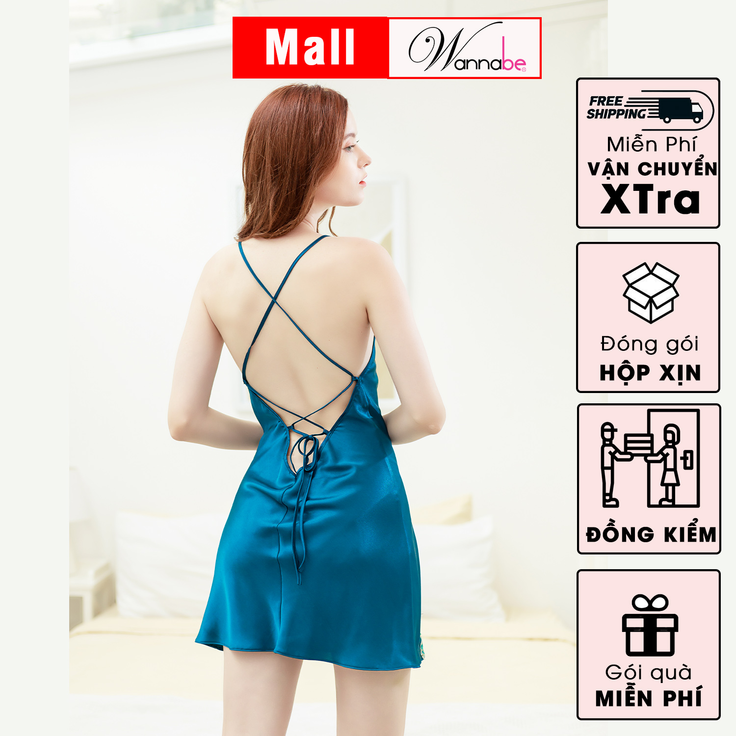Đầm ngủ WANNABE DNS24 váy ngủ cut-out lưng đan dây chéo thắt nơ điệu đà khoe lưng eo mông quyến rũ gợi cảm