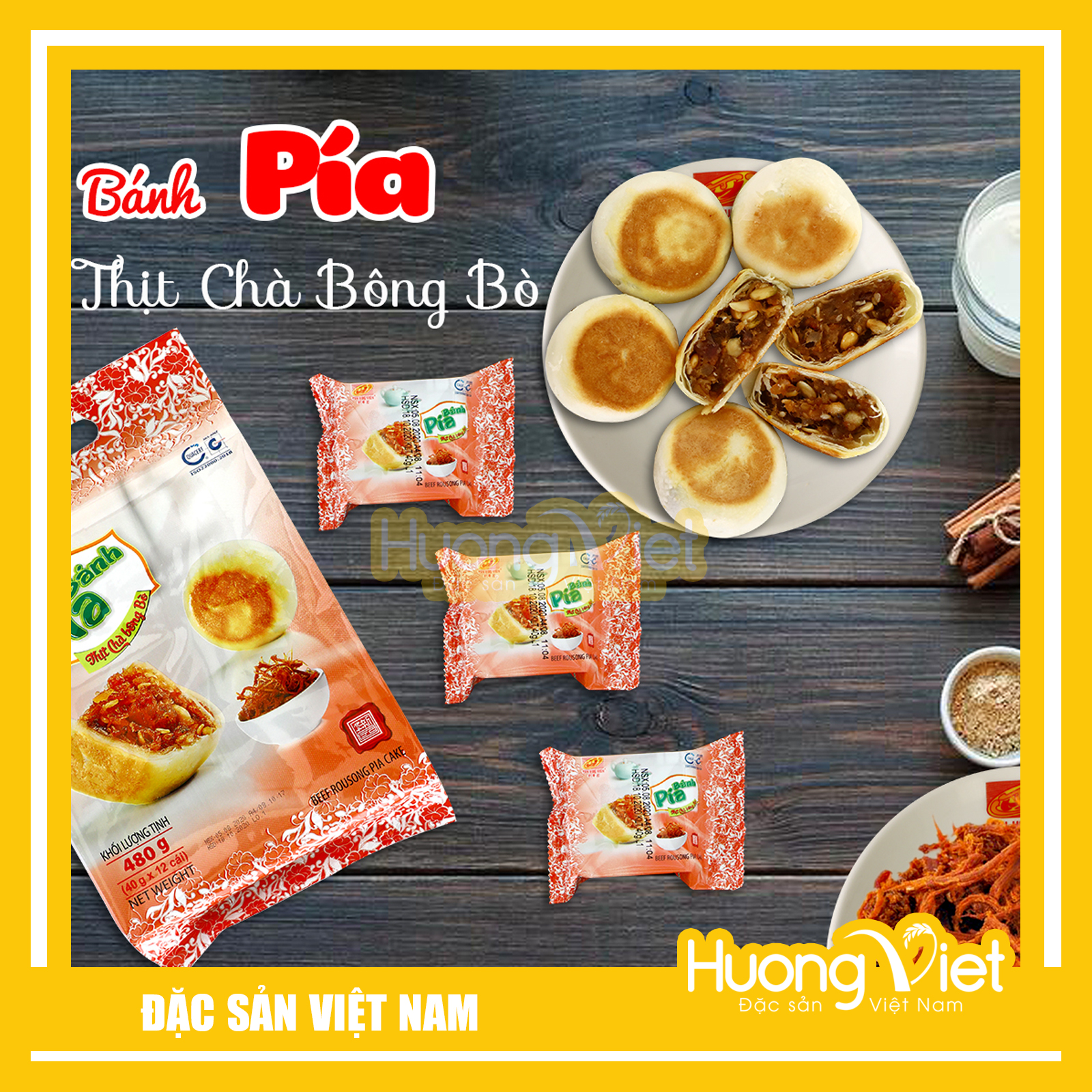Đặc Sản Sóc Trăng - Bánh Pía Thịt Chà Bông Bò Tân Huê Viên 480G, Bánh Pía Mini Sóc Trăng [Túi 12 Bánh]