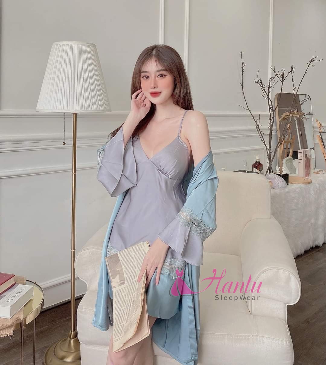 Set váy ngủ lụa 2 dây kèm áo choàng lụa cao cấp-Hantu Sleepwear