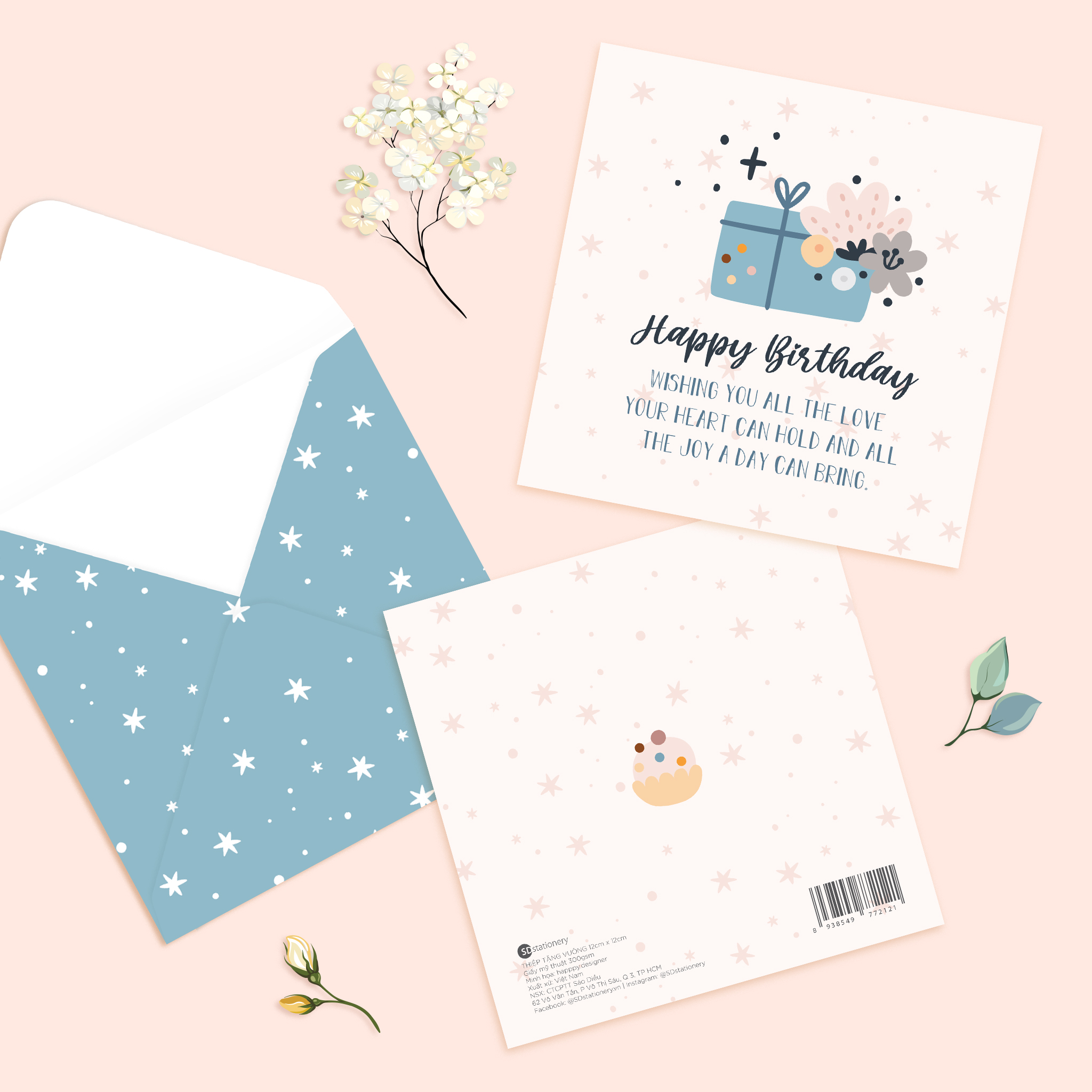 Set 4 thiệp chúc mừng sinh nhật SDstationery OCEAN 12x12 màu pastel nhẹ nhàng minh họa dễ thương cute cho người yêu biển