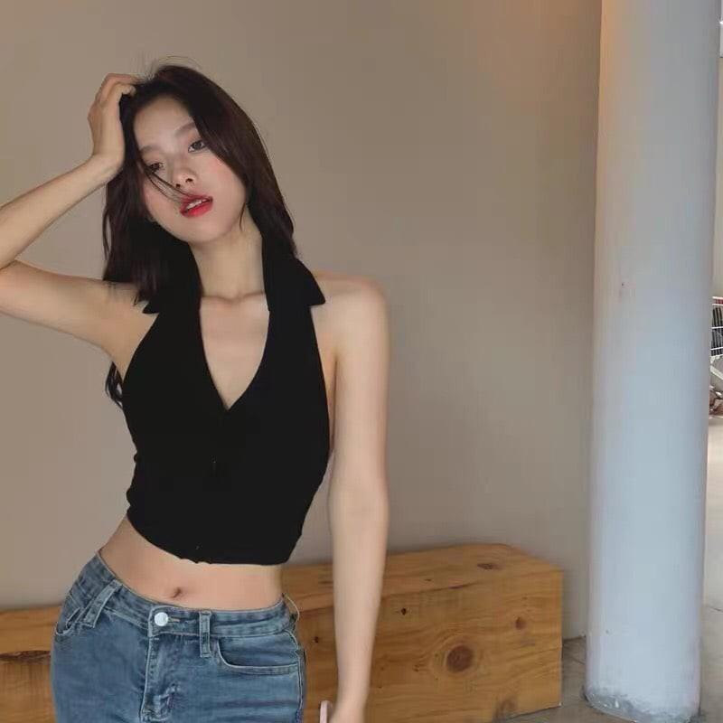 Áo croptop 3 lỗ cổ polo cài cúc sexy - Áo croptop nữ khoét nách hở lưng chất thun