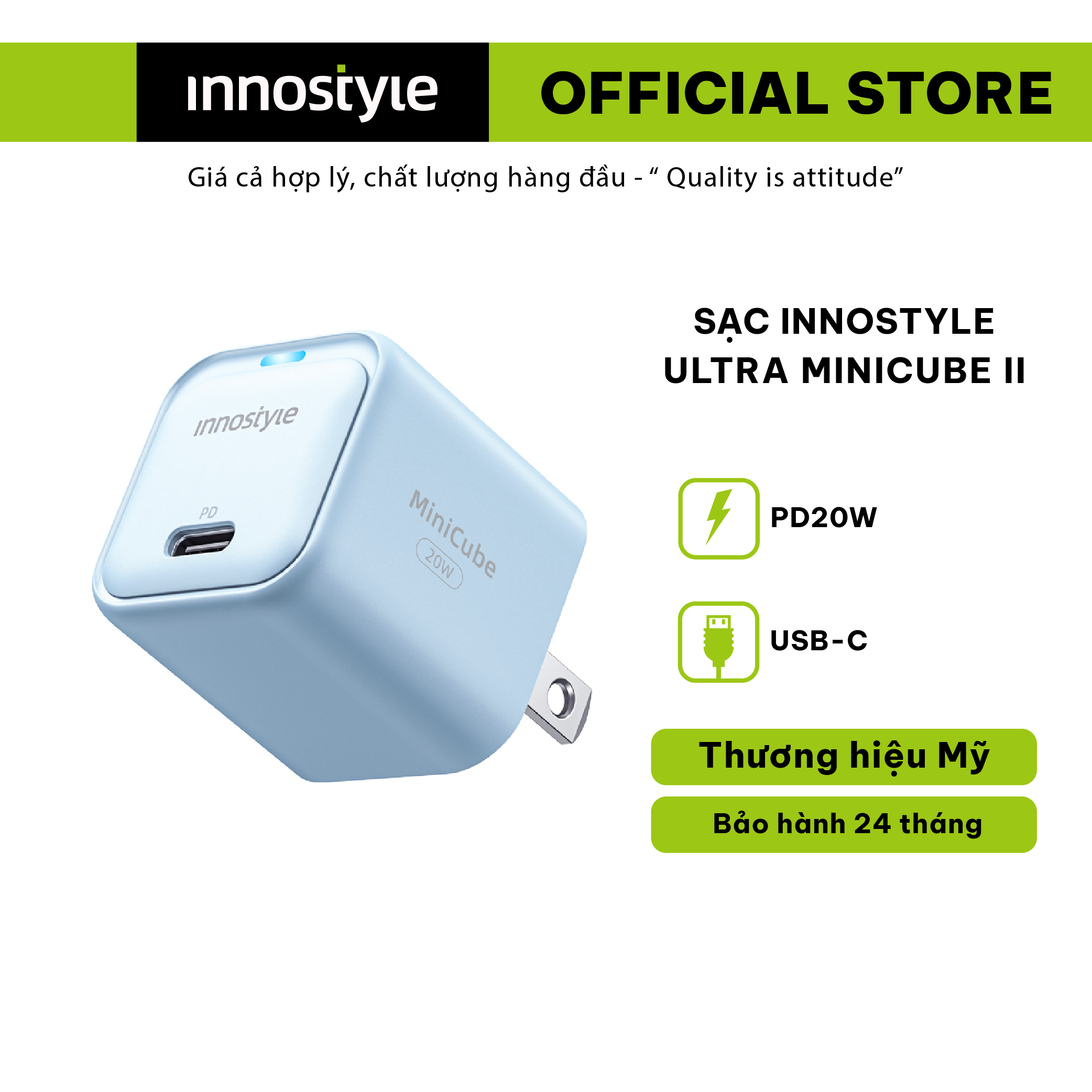 Củ sạc nhanh Innostyle Ultra Minicube II IMC20G2 - Công suất 20W, thiết kế siêu nhỏ - Hàng chính hãng
