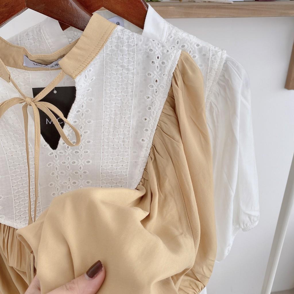 Váy dáng suông, ngực ren buộc nơ, đầm xuông bầu rộng freesize, tay, 2 màu mã V172 - Michi's House