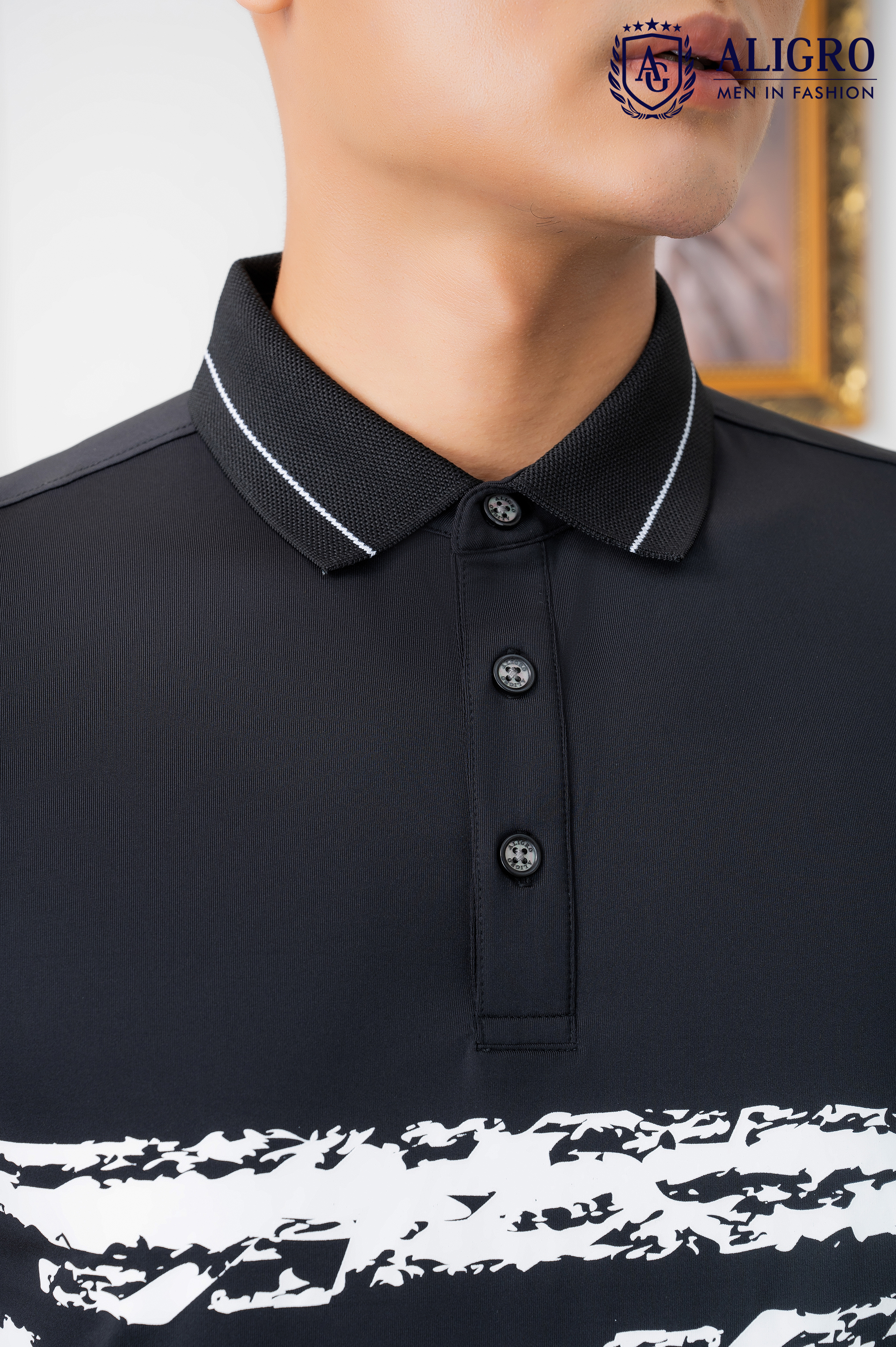 Áo Polo đen phối kẻ ngang Aligro ALGPLO73