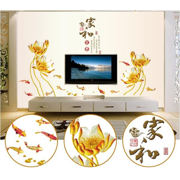 Decal trang trí tường - Hoa Sen Vàng Sáng chữ tàu sang trọng