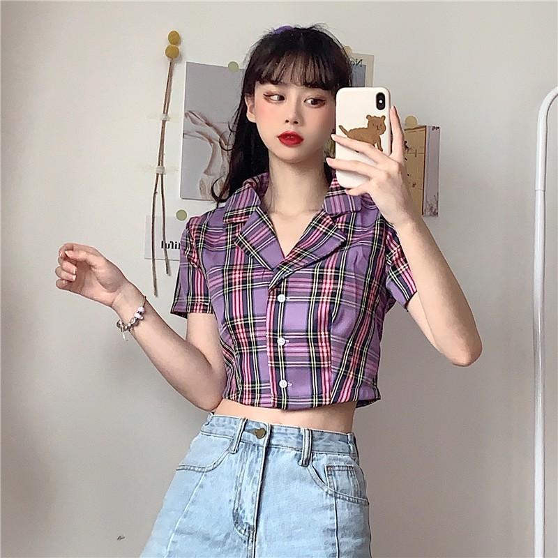 Áo croptop sơ mi cổ vest kẻ caro cao cấp