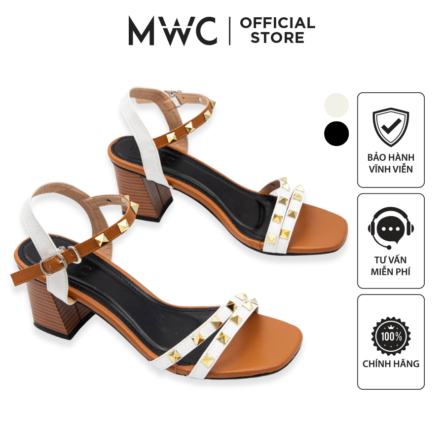 Giày Sandal Cao Gót MWC Đế Vuông Vân Gỗ 7CM Đính Đinh Tán Nổi Bật Màu Đen Trắng NUCG- 4277