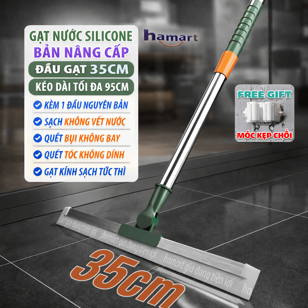 Chổi Gạt Nước Sàn Nhà Silicone Lau Kính Cán Dài Đa Năng Hamart Xoay 180º Quét Tóc Gầm Giường Khe Ghế