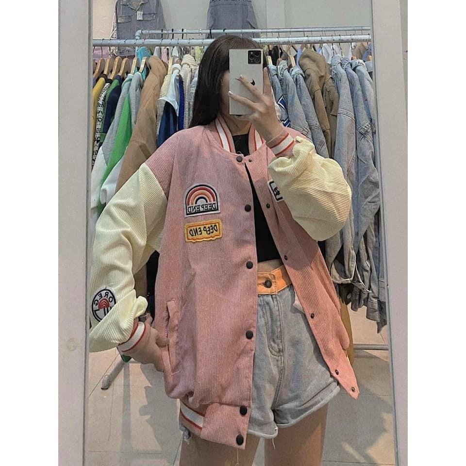 Áo khoác Bomber nữ, chất nhung gân, màu xanh cốm , kiểu dáng thêu logo cực xinh, áo khoác chống nắng (kèm ảnh thật