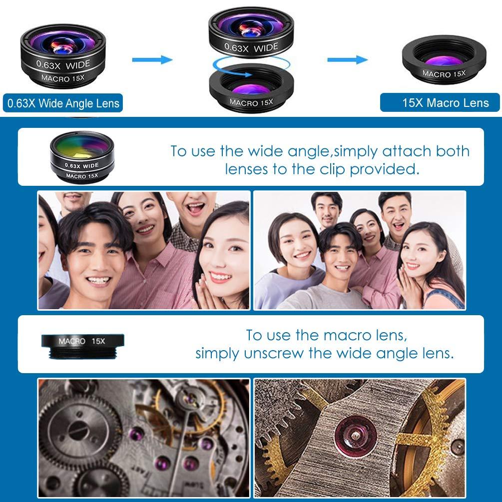Bộ ống kính camera 7 trong 1 điện thoại, ống kính phổ quát, ống kính mắt cá 198 °, góc rộng 0,63x, ống kính macro 15 lần, CPL, kính vạn hoa, ống kính táo bạo, có khóa kéo