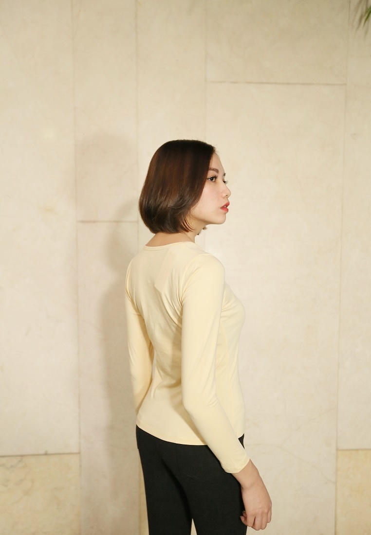 Áo giữ nhiệt nữ dài tay cổ tròn Vicci vải cotton co giãn, mềm mịn ôm dáng màu DA