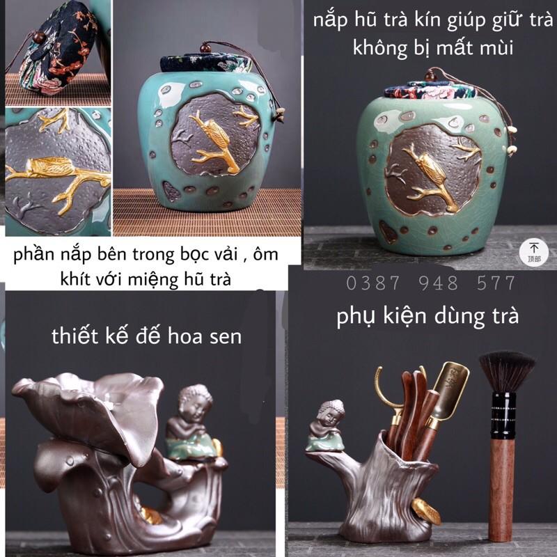 Bộ ấm chén pha trà đẹp cối xayTử sa gốm sứ cao cấp, 18 chi tiết chú tiểu màu xanh-M04