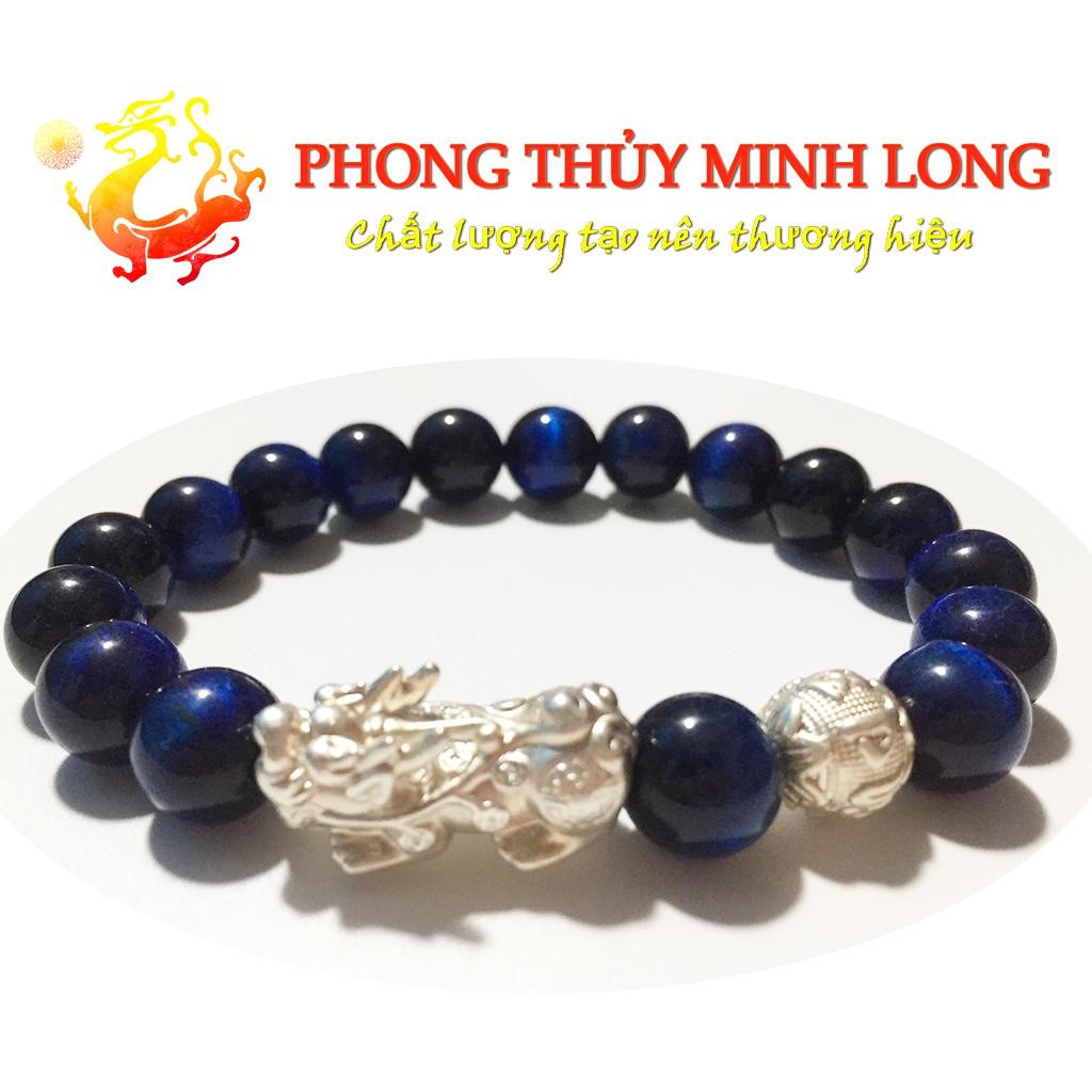 Vòng tay đá Mắt Hổ Xanh Dương chất lượng 5A mix tỳ hưu và 1 hạt kim tiền Bạc hợp mệnh thủy và Mộc