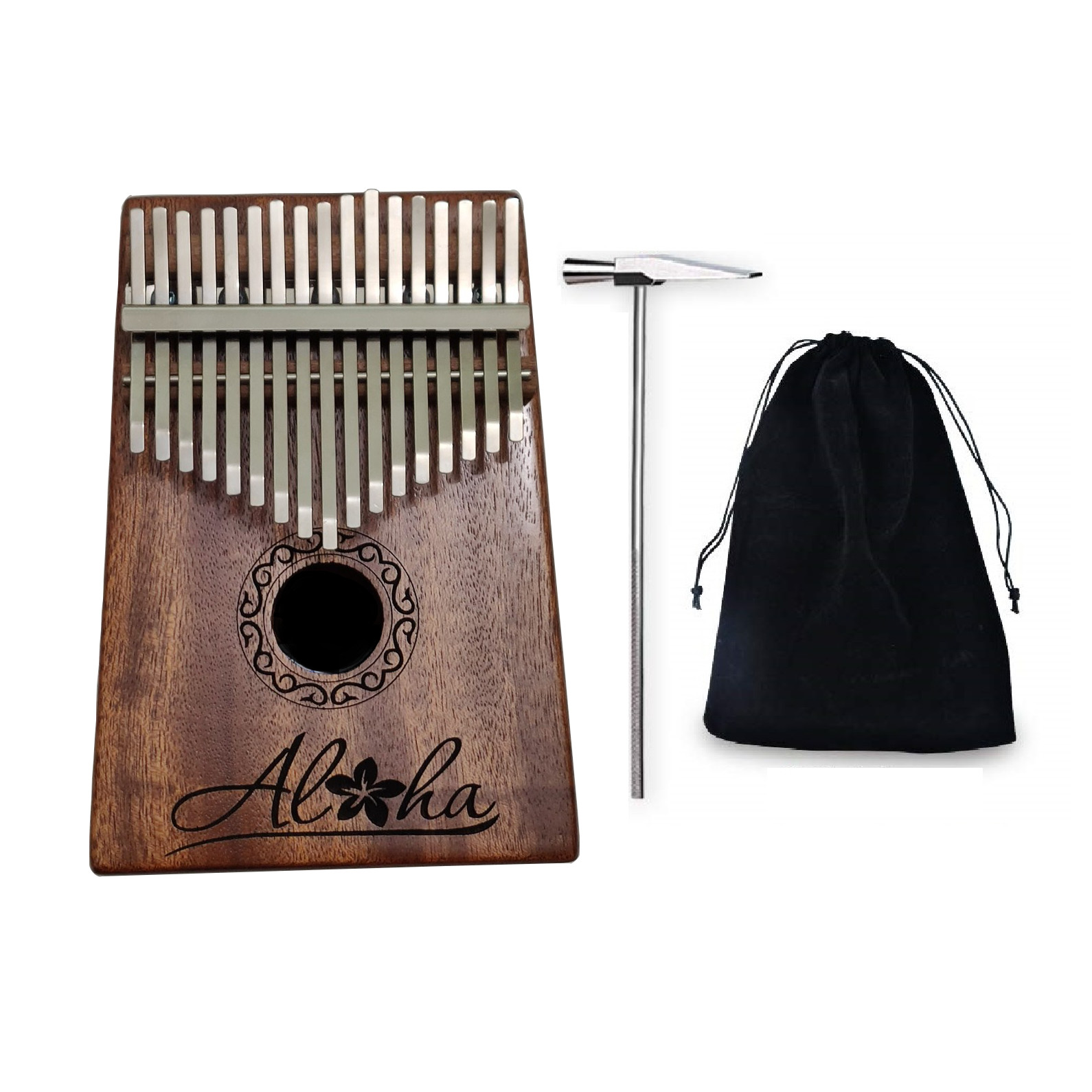 Kalimba 17 phím gỗ mahagony phủ sơn bóng cao cấp khắc chữ Aloha KLALO00017- Tặng túi nhung, đầy đủ phụ kiện