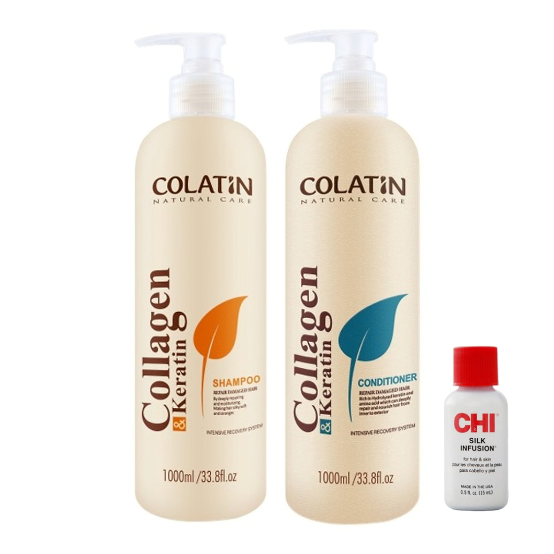 Bộ dầu gội xả Colatin Collagen dưỡng chất tơ tằm 1000ml + Tinh dầu dưỡng tóc CHI Infusion 15ml