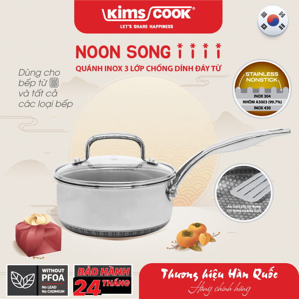 Quánh KIMS COOK Noon Song inox 3 lớp đáy từ nắp kính chống dính 2 mặt