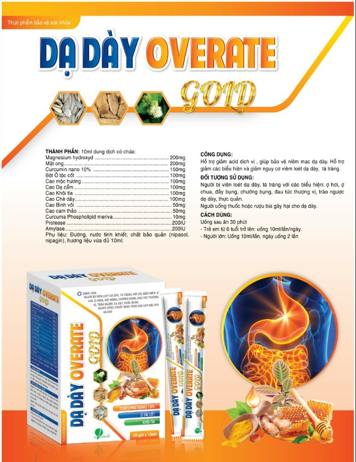 [COMBO 6 HỘP] Dạ dày Overate Gold-Hỗ trợ giảm acid dịch vị -Giúp bảo vệ niêm mạc dạ dày-Hộp 20 gói