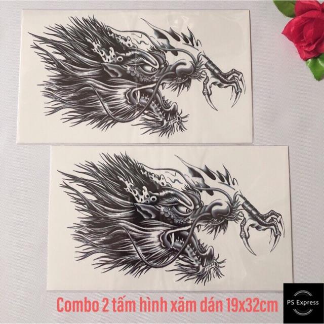 Combo 2 tấm hình xăm dán đầu rồng đẹp đáo để size lớn 19x32cm