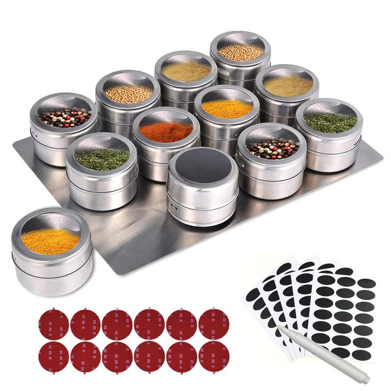 Lọ gia vị từ tính, bộ 12 lọ gia vị từ tính, cho nhà bếp, tròn