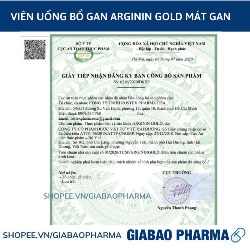 Bổ gan ARGININ GOLD bảo vệ gan , làm mát gan , giải độc gan , hạ men gan - Hộp 30v/60v