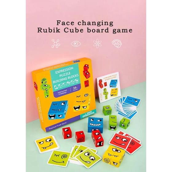 Đồ chơi Boardgame xếp hình thay đổi biểu cảm khuôn mặt bằng gỗ theo thẻ mẫu cho bé thông minh