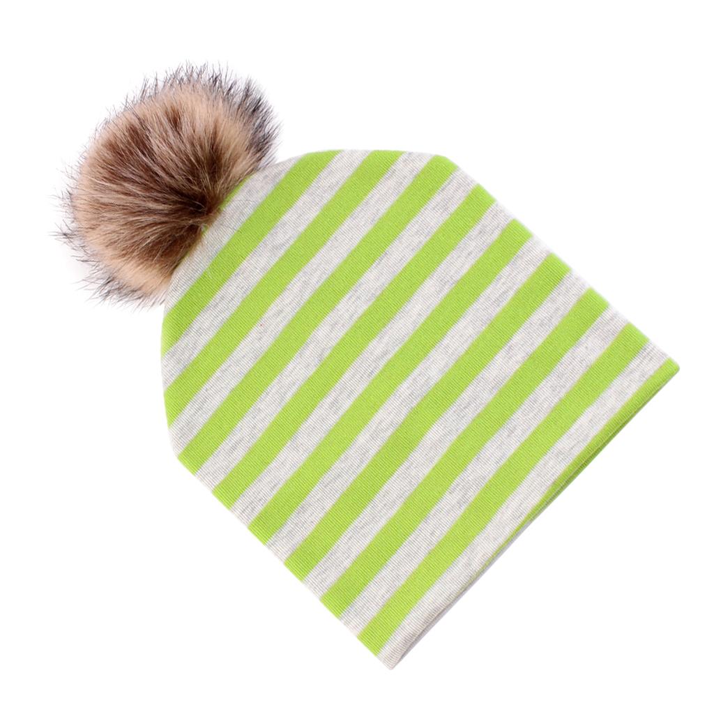 Baby Hat Faux Fur Baby Cap Cotton Pompom Bobble Hat for Kids  Green Stripe