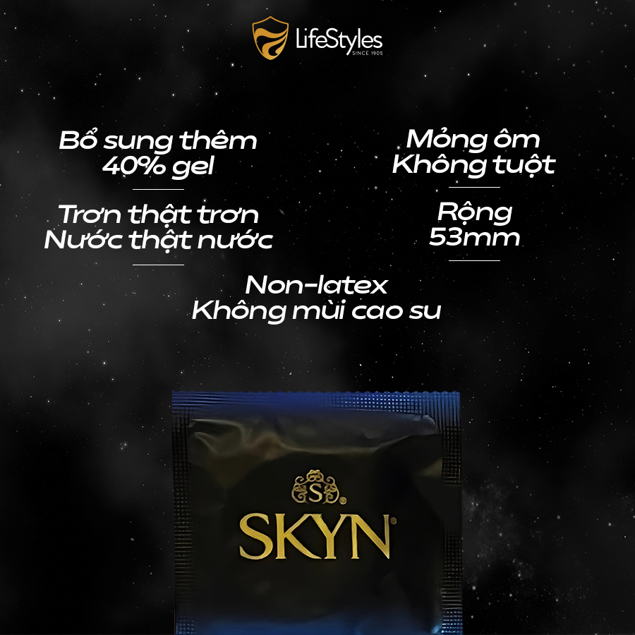 Bao cao su siêu trơn, siêu nhiều gel, mỏng khít LifeStyles Skyn Extra Lubricated - Hộp 10 bao