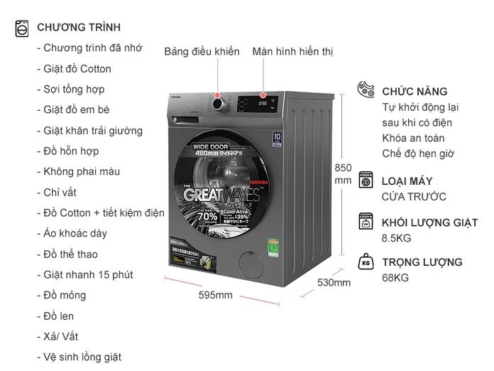 Máy giặt Toshiba Inverter 8.5Kg TW-BK95S3V- Mẫu 2023-Hàng Chính Hãng.