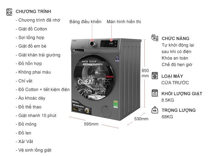 Máy giặt Toshiba Inverter 8.5Kg TW-BK95S3V(SK)- Mẫu 2023-Hàng Chính Hãng.