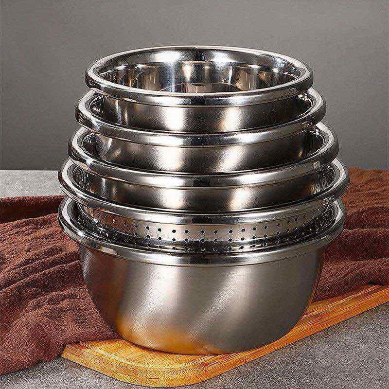 Bộ thau rổ inox 304 set 5 món, Chậu rổ nhà bếp-Onlycook (inox mờ)