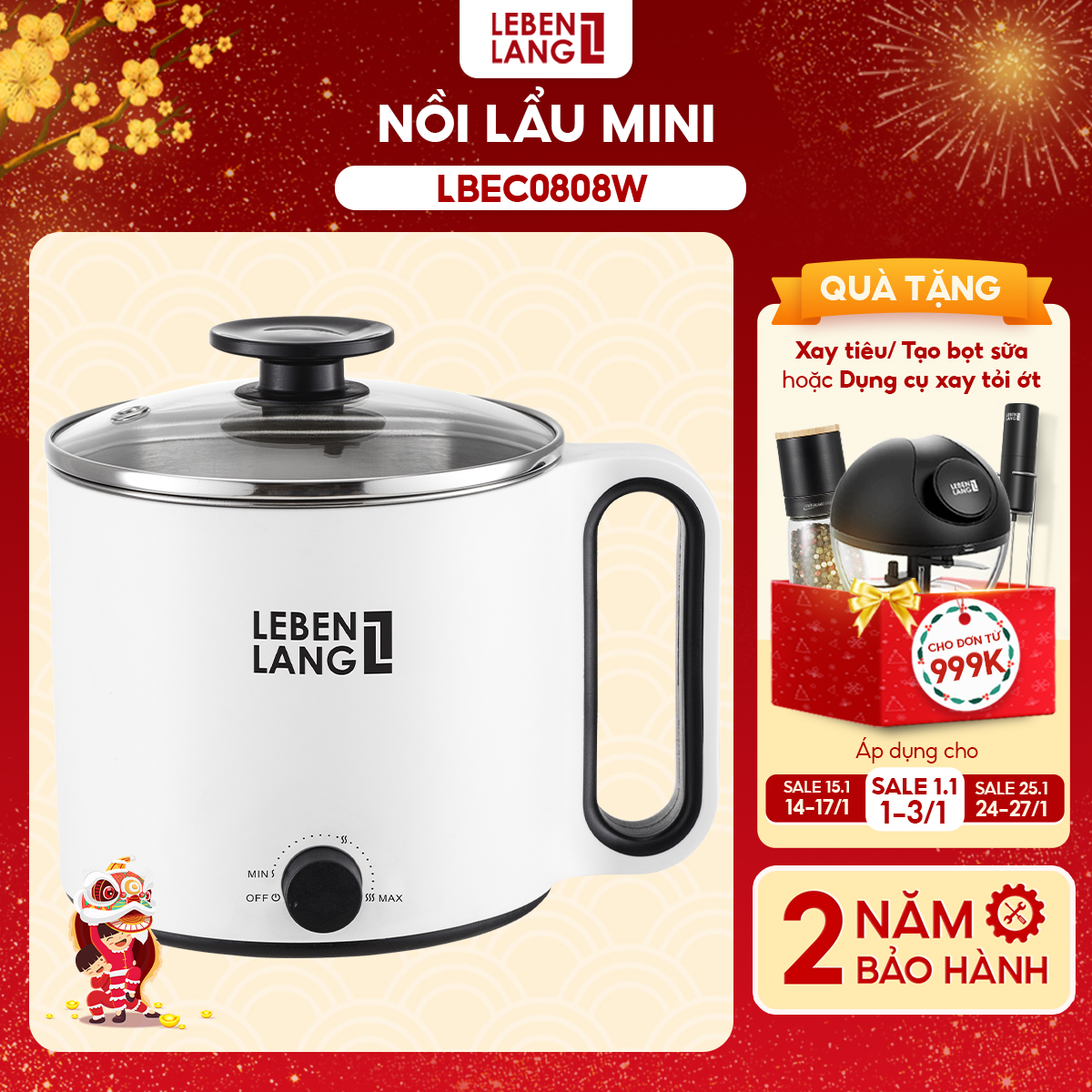 Nồi lẩu điện mini đa năng Lebenlang LBEC0808 1500ml - Hàng chính hãng