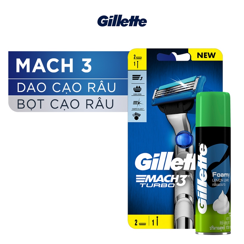 Dao Cạo Râu GILLETTE Mach3 Turbo Và Bọt Cạo Râu Hương Chanh Chai 75g