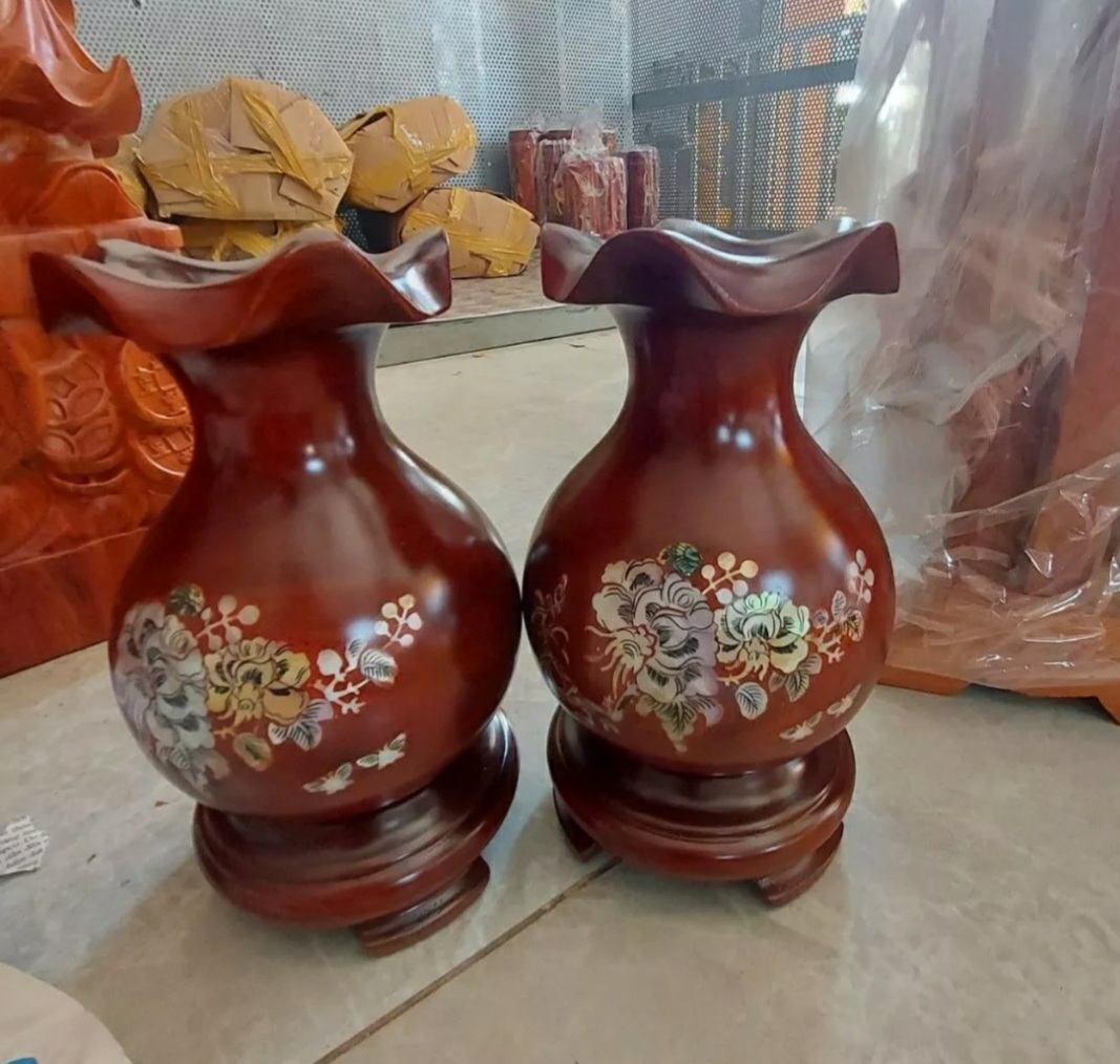 Cặp Lục bình hoa huệ gỗ lim cẩn hoa hàng nguyên khối cao 25cm