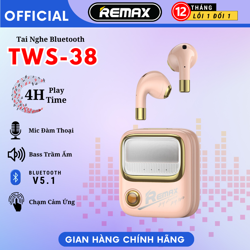 Tai nghe True Wireless Remax TWS-38 phong cách retro âm thanh chuẩn HIFI chạm cảm ứng có mic dùng cho IOS và Android - Hàng Chính Hãng Remax