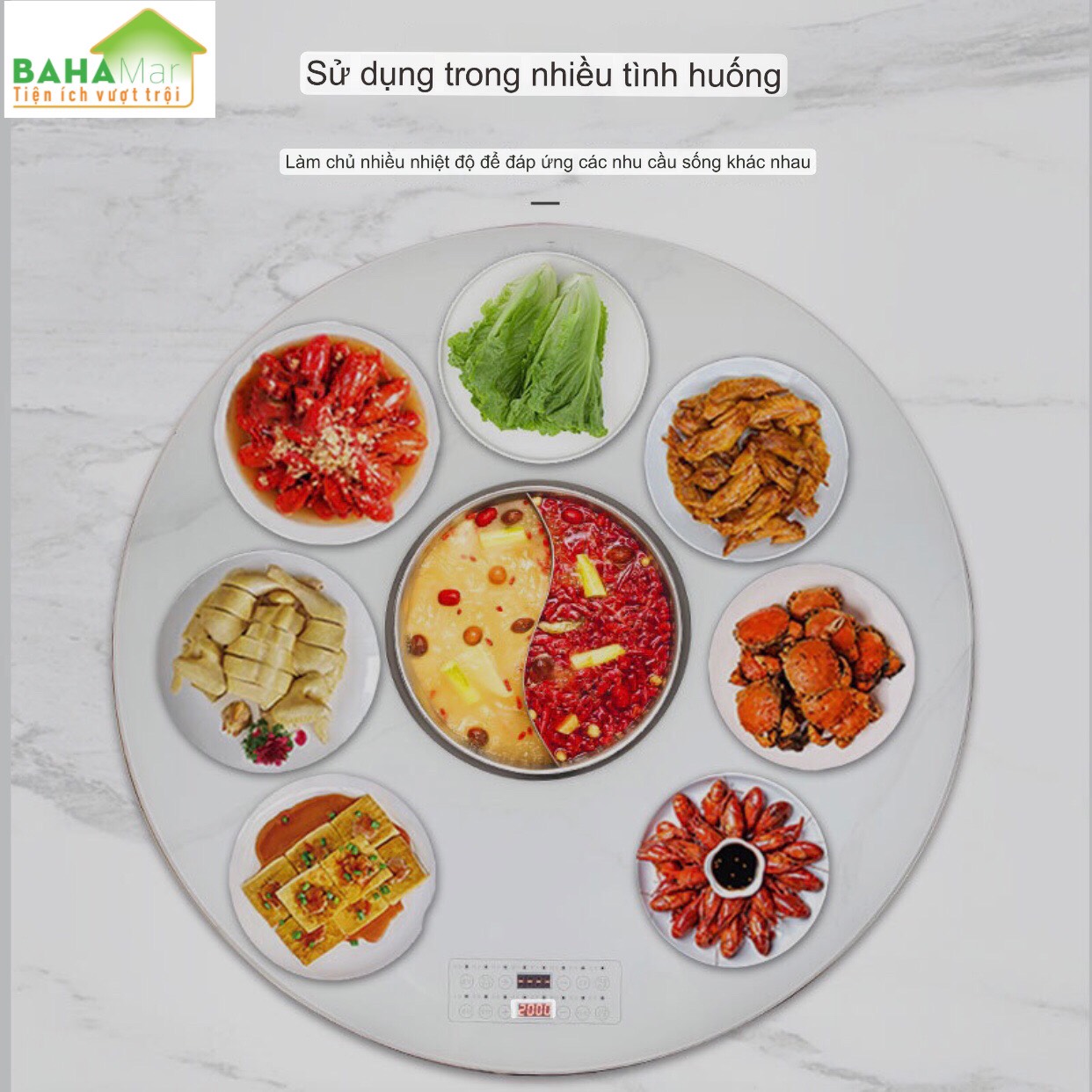 MÂM 68CM GIỮ ẤM MÓN ĂN SUỐT BỮA VÀ TÍCH HỢP KÈM BẾP NẤU LẨU Ở GIỮA CÓ THỂ XOAY TRÒN "BAHAMAR" Có thể làm chủ nhiệt độ theo ý bởi hệ thống điều khiển cảm ứng