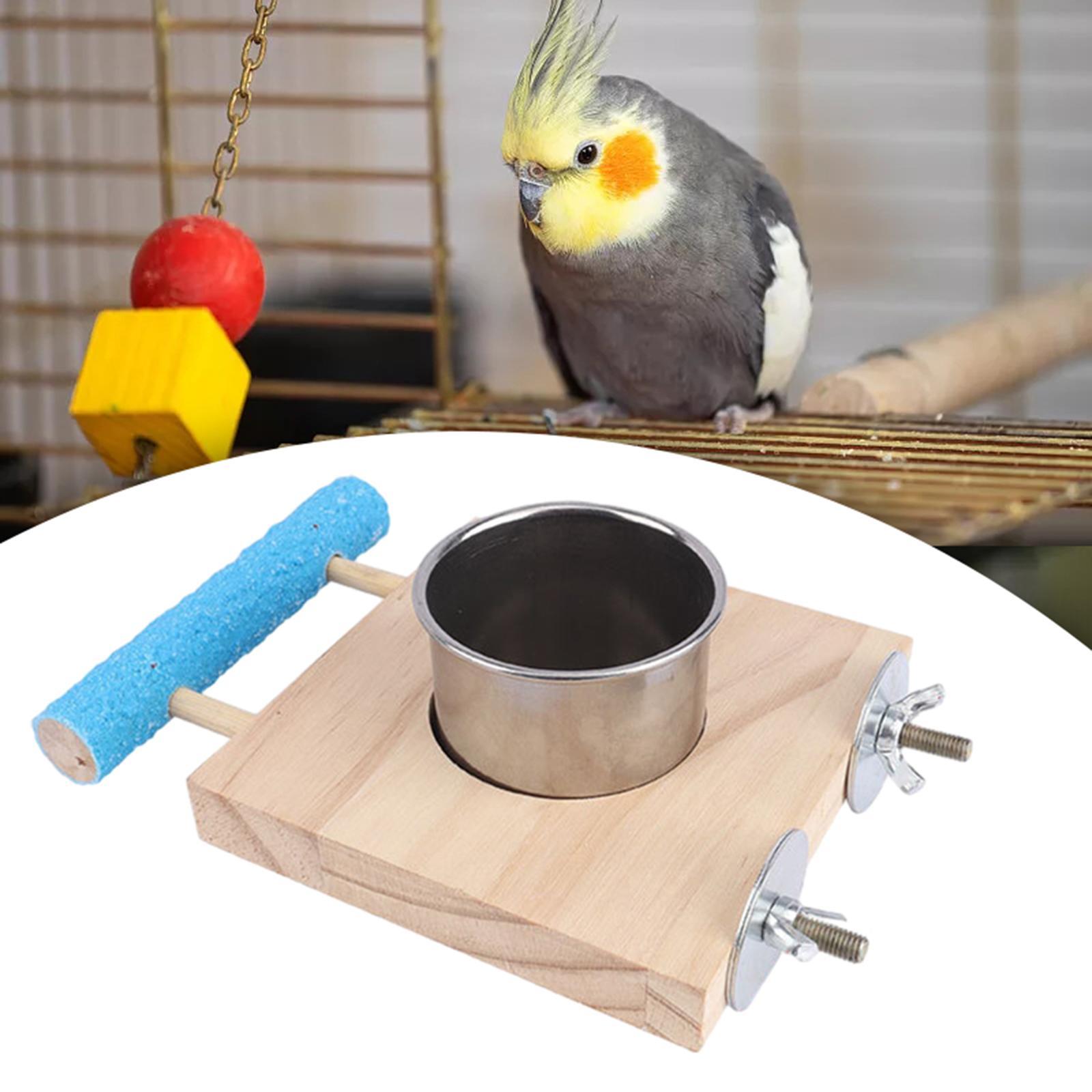 Parrot Cage Feeder Bird Wooden Stand Stainless Steel Cups Bird Cage Feeder Bowl Parrot Food and Water Bowls for Small Animal Budgie