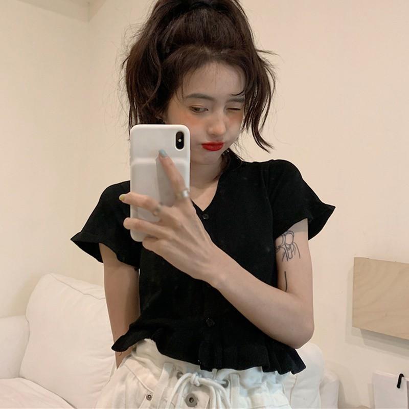 Áo Thun Dệt Kim Tay Ngắn Cổ Chữ V Phối Bèo Nữ Tính