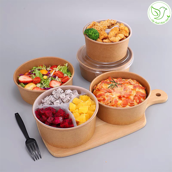 50 Tô giấy Kraft nâu đựng thức ăn, salad, bánh bông lan có nắp chịu nhiệt, chống thấm nhiều kích cỡ, thân thiện với môi trường