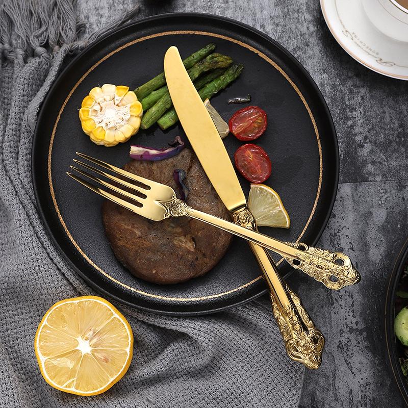 Làm Dày Hơn 304 Giảm Cung Tây Bộ Đồ Ăn Mạ Vàng Bít Tết Dao Muỗng Nĩa Vintage Bộ Đồ Ăn Bộ Quà Tặng Vàng Bộ Đồ Ăn 4Pc