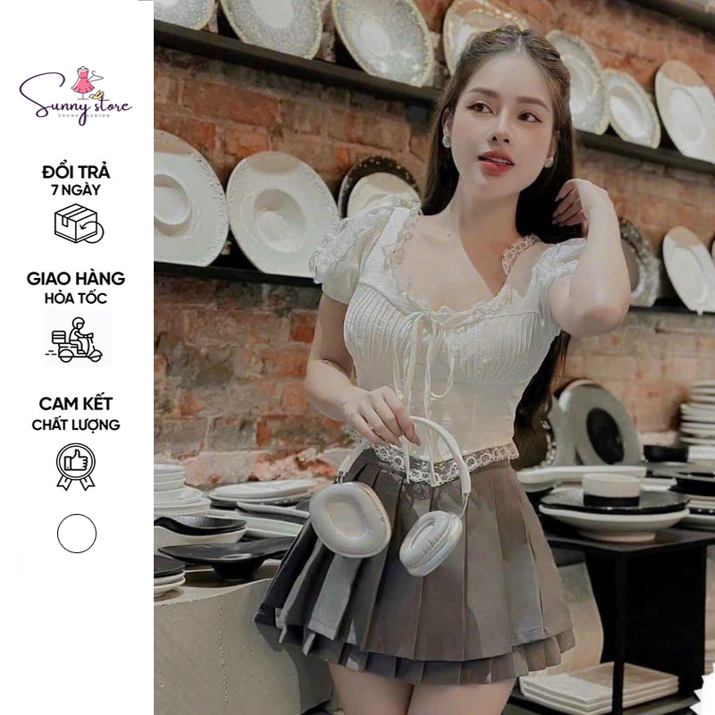 Áo Trắng Tay Bồng Phối Nơ Mix Chân Váy Xếp Ly